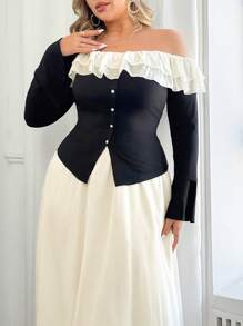 Auvina Elegantes Zweiteiler Set in Große Größen: Chiffon Bluse mit Kontrastfarbe, Off-Shoulder Schnitt, Taillierter Form und Weiten Ärmeln, kombiniert mit Rock - Verschiedenfarbig - Übersicht 6