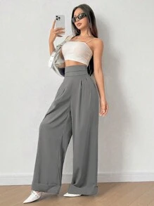 Chiquease 實心高腰褶皺細節寬腿褲