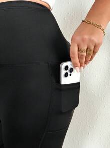 SHEIN CURVE+ Leginsy z dzianiny z wysokim stanem i dużym rozmiarem, eleganckie sportowe, codzienne rajstopy damskie z guzikami z przodu, jesień/zima