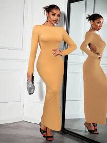 SHEIN SXY Women's Round Neck Long Sleeve Backless Rhinestone Chain Sexy Mini Dress