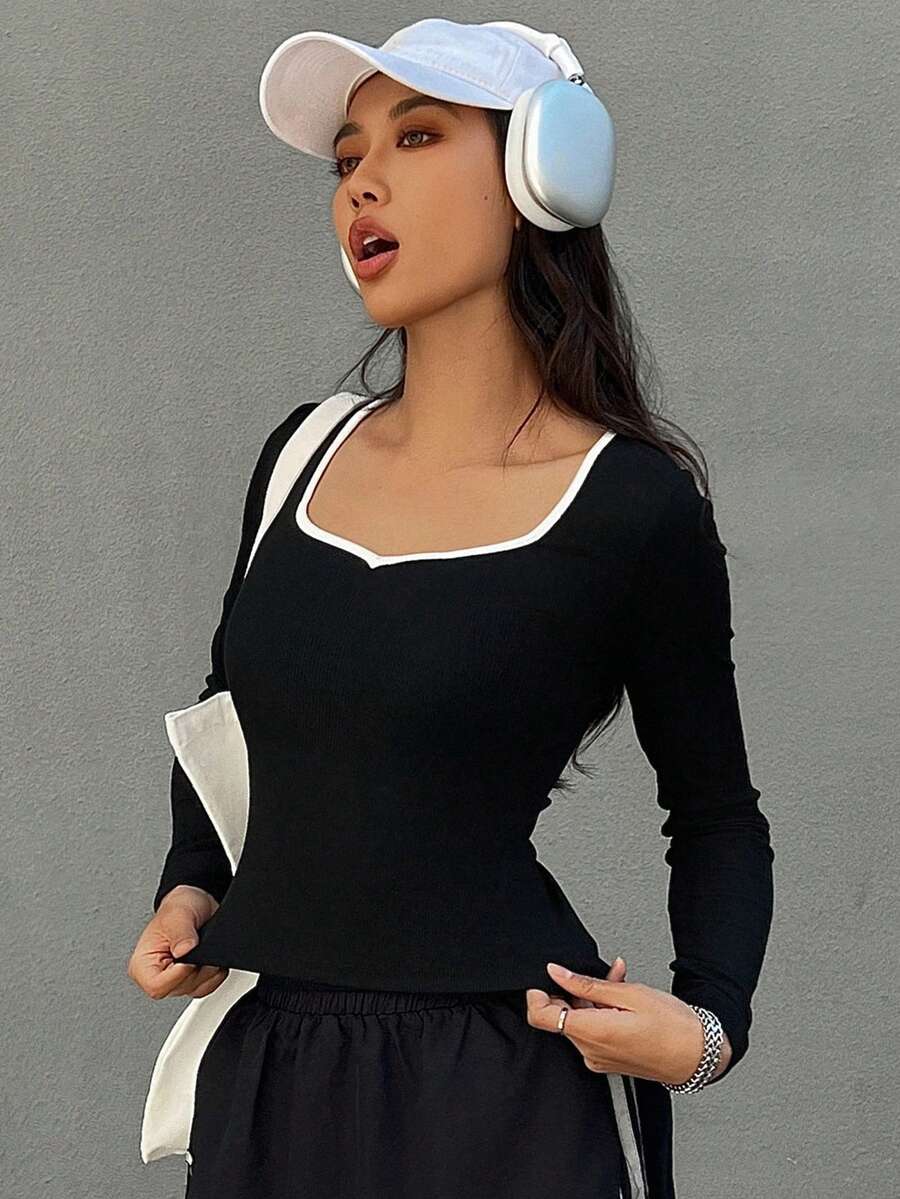 DAZY Contrast Color Patchwork Slim Fit Women Long Sleeve T-Shirt