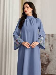Al Najma Women's Floral Print Stand Collar Long Sleeve Casual Loose Dress, Elegant Tunic Arabian Dresses, For Casual Daily/Travel/Holiday/Vacation,Modest - Dusty Blue - View 5