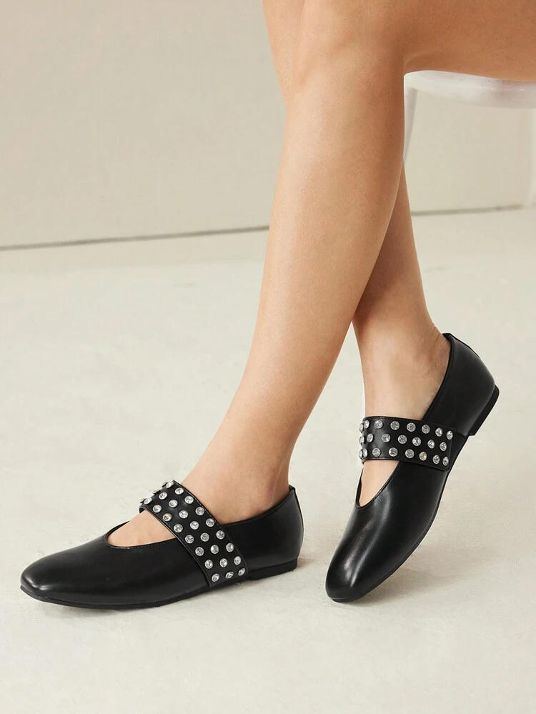 VINTAGE PUNK STYLE COMFORTABLE CASUAL BLACK RHINESTONE SQUARE TOE FLAT MARY JANE SHOES FOR CHRISTMAS AND NEW YEAR HOLIDAY VIBE FALL AND WINTER