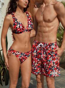 Manfinity VDAYZ Boyfriend Men's Floral Print Drawstring Waist Beach Shorts - Red - View 3