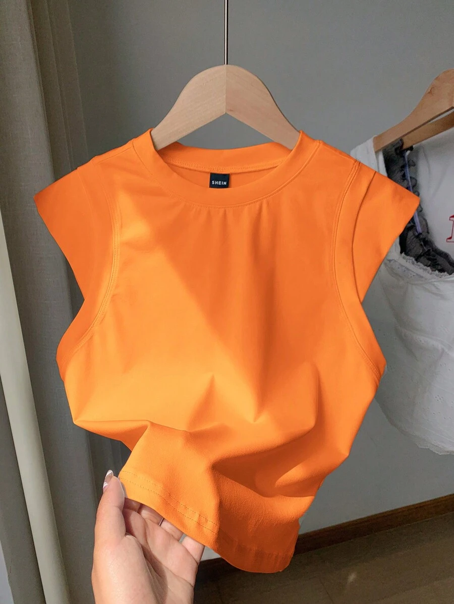 Comfortcana Women Solid Color Round Neck Dolman Sleeve Casual Loose T-Shirt - Orange - View 1
