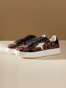 CUCCOO EASI Zapatillas de deporte con cordones de estampado de leopardo de moda informal para mujer - Marrón - Ver 7