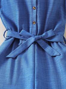 SHEIN Tween Girl Casual Resort Wear Collared V-Neck Open Front Sleeveless Self-Tie Waist Wide Leg Jumpsuit, Spring/Summer,Holiday,Summer,Travel - Blue - View 3