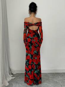 Elenzga Elegant Rose Print Off Shoulder Dress, Fall New Year Valentine's Day Wear For Women - Red - View 5