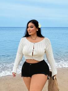 SHEIN SXY 大码女士早春米色前短后长短开衫，适合日常穿着、度假、海边、海滩派对、约会之夜、生日、单身派对、舞会、情侣约会、优雅、休闲、购物、街头穿着、户外、性感、易于搭配且看起来苗条，凸显您的身材，凸显您的身体 - 杏色 - 查看 4