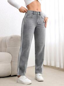 SHEIN Essnce Quần ống côn denim chắp vá màu trơn có túi cài nút phía trước dành cho nữ - Xám - Xem 6