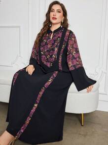 Al Najma Plus Size Women Stand Collar Flare Sleeve Floral Patchwork Solid Color Romantic Elegant Dress, Modest Kaftan