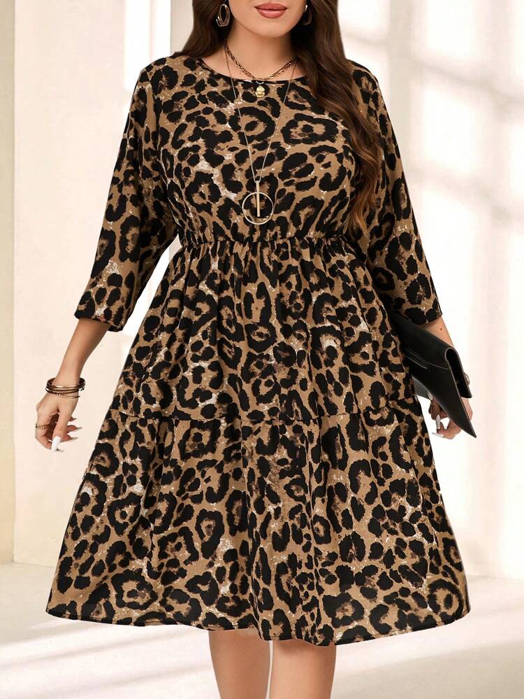 Plus Size Leopard Print Casual Round Neck Long Sleeve Short Dress,Spring/Summer,Dresses For Women Elegant,Cheetah Print