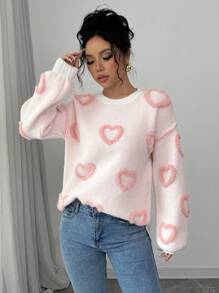 Chiquease Suéter de punto informal con gráfico de corazón rosa