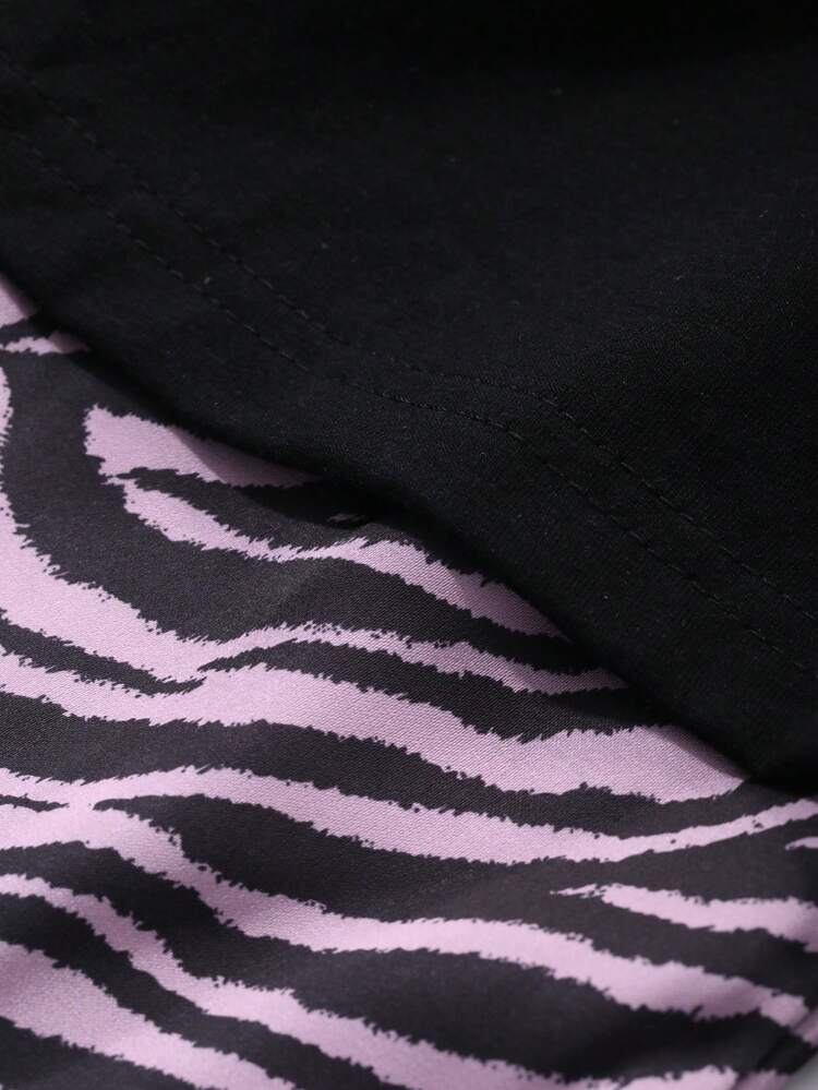 Slogan Print Loose Top & Zebra Pattern Print Pajama Pants 2 Pieces Sleepwear Set