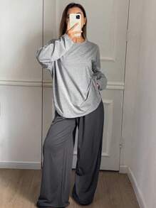 DAZY 2pcs/Set Women Loose Solid Color Long Sleeve Home Wear Set, Spring - Grey - View 1