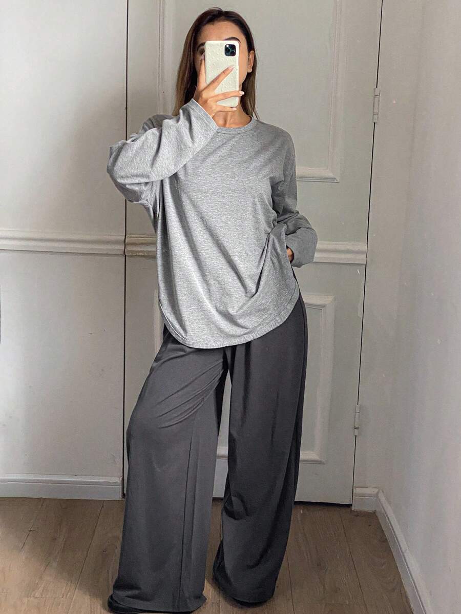 DAZY 2pcs/Set Women Loose Solid Color Long Sleeve Home Wear Set, Spring - Grey - View 1