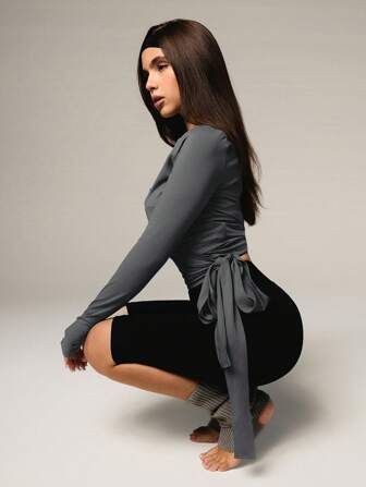 Athîral 女士纯色系带长袖修身衬衫，休闲与日常穿着