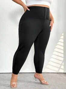 SHEIN CURVE+ Leginsy z dzianiny z wysokim stanem i dużym rozmiarem, eleganckie sportowe, codzienne rajstopy damskie z guzikami z przodu, jesień/zima