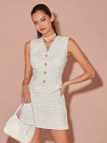 Enchnt 冬季/春季浪漫女士白色精致仿珍珠纽扣条纹花式纱线粗花呢 V 领背心和可爱 A 字迷你裙两件套，甜美、优雅、时尚，适合情人节、圣诞派对、新年、生日、节日装扮、甜蜜约会之夜和日常通勤 - 白色 - 查看 4