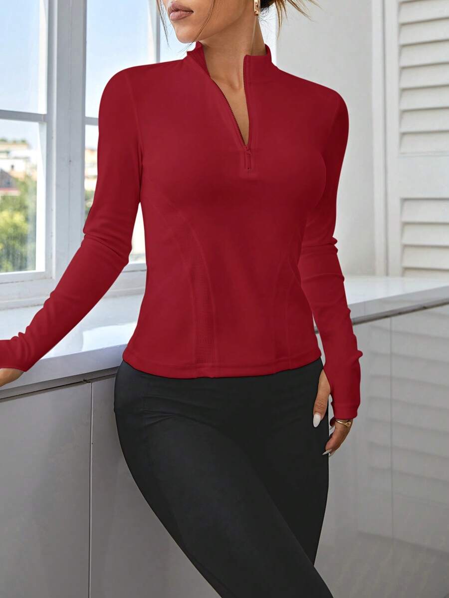 Easithlete Solid Color Stand Collar Long Sleeve Fitted Sweatshirt - Burgundy - View 1