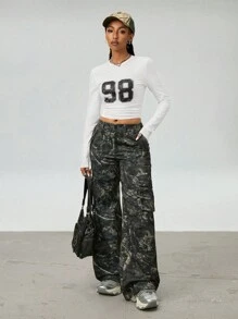 SHEIN EZwear Camiseta de manga larga informal de punto con número, estilo Y2K para mujer