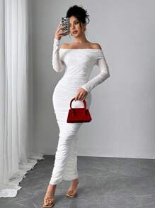 Firerie 女士优雅白色露肩珍珠装饰褶饰修身长裙，优雅浪漫，适合派对、情人节 - 白色 - 查看 8