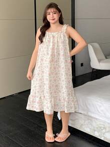 Dazy Petite Plus 加大码碎花无袖宽松睡袍，杏色，春夏，睡衣