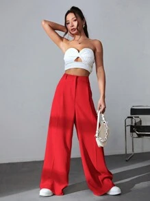 SHEIN EZwear 女式直筒纯色口袋休闲红色长裤，适合日常穿着 - 紅色 - 查看 5