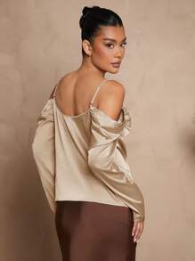 L'Amorae Summer Women , Women Clothes, Taupe Satin Draped Cold Shoulder Long Sleeve Cowl Neck Blouse, Women Tops, Women Shirts, Women Blouses, Sexy Casual Women, Long Sleeve Top, Going Out Tops, Formal Top. For Date Night, Concerts, Performances, Parties, Evening, Music Festivals