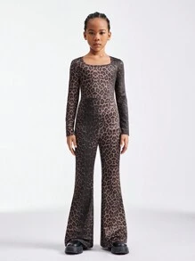 SHEIN Tween Girls Spring/Summer Leopard Print Square Neck Long Sleeve Flared Fashion Jumpsuit - Brown - View 4