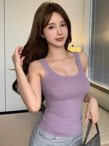DAZY Women's Solid Color Wide Strap Simple Casual Top, Daily Wear Tank Tops - Purple - View 3