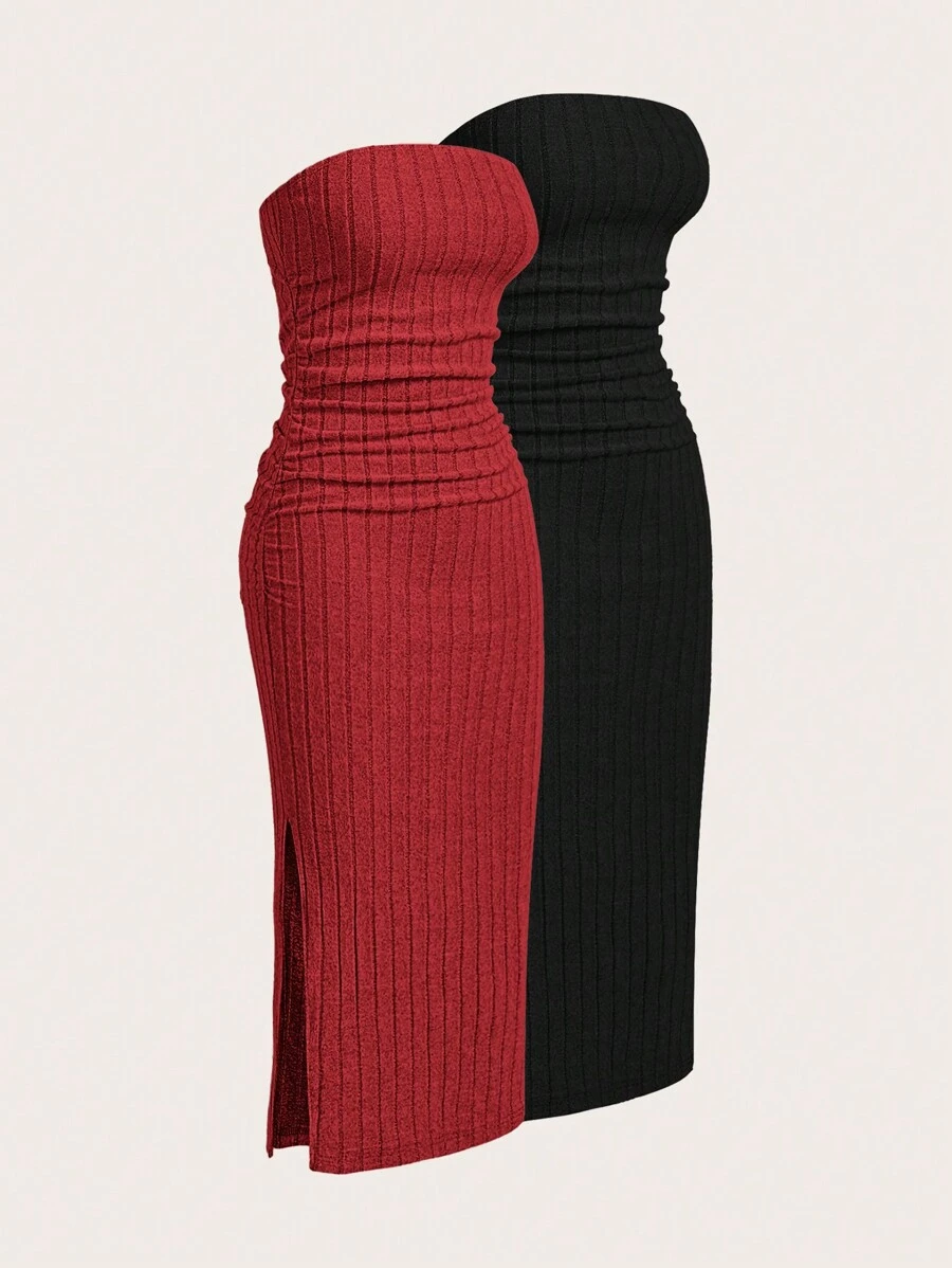 SHEIN EZwear 2件套罗纹抹胸连衣裙