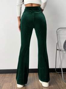 Muchica Women's Solid Color Asymmetric Velvet Flare Leg Knit Pants - Dark Green - View 2