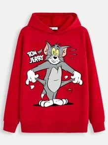 TOM & JERRY X SHEIN Men's Cute Cartoon Tom & Jerry Print Red Hoodie