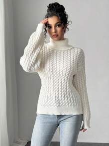 Firerie Elegant Casual Warm Beige High Neck Cable Knit Sweater, Autumn/Winter New Style