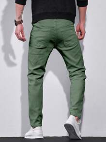 Manfinity Roughcore Men's Casual Solid Color Distressed Tapered Leg Jeans - Army Green - View 2