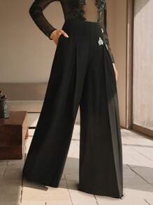 Anewsta Women's Wide Leg Pants With Handcrafted Rhinestone Decor, Black, Loose, Draped, Floor-Length, Modest Fashion - Black - View 4