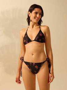 CAJUNI Women's Boho Coconut Tree & Mushroom Print Vacation Casual Summer Beach Halter Bikini Top And Bottom 2 Pieces Swimwear Set, Black Color