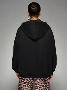 MISSGUIDED Sudadera con capucha con cremallera completa, estampado de leopardo y estrella, para uso casual en invierno, ropa de estar en casa, ropa de calle, con bolsillo canguro, cálida y cómoda - Negro - Ver 2