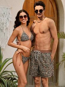 Manfinity VDAYZ Pantalones cortos casuales de playa con bolsillo y cordones, estampado de leopardo, para novio