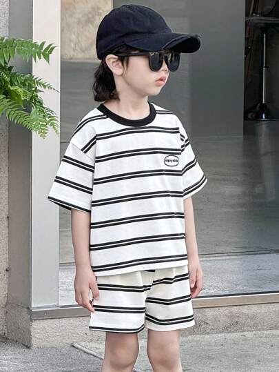 DAZY 2 件套 男童条纹圆领短袖上衣和短裤套装