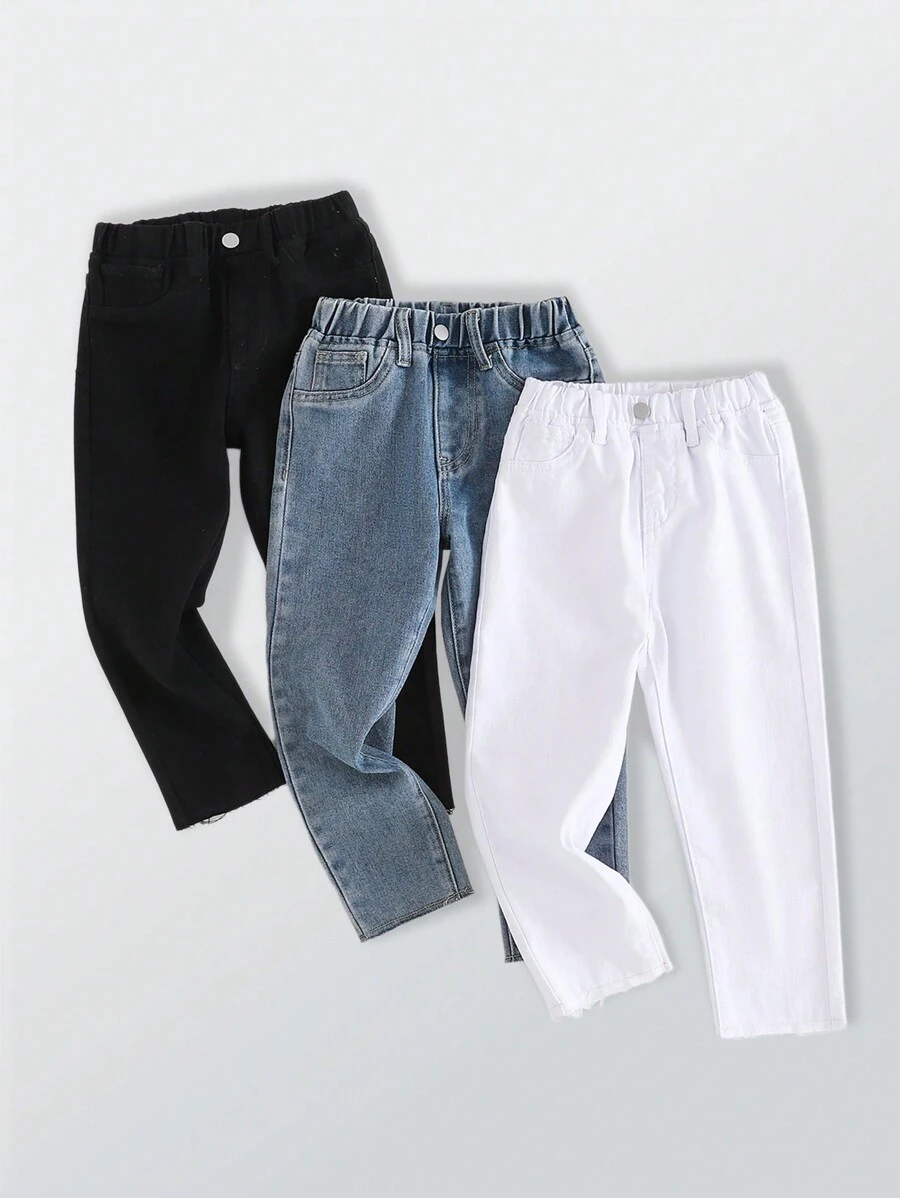 DENIMLY YOUNG KIDS 3 PIECE SET CASUAL SIMPLE CLASSIC SLIM FIT Cotton JEANS, Flat Pockets On Back And Elastic Waistband,All Year Must Have Fashion Item.