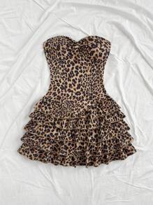 Soleia Women's Holiday Bandeau Twist Vintage Leopard Print Layered Ruffle Hem Cinched Waist Mini Dress, For Parties