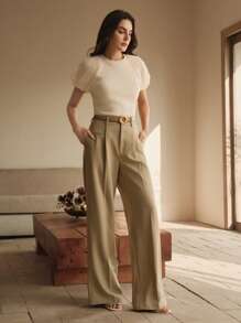 Anewsta Women Spring/Summer Casual Patchwork Lantern Sleeve Round Neck Commuting T-Shirt Top, "Old Money" Design - Beige - View 8