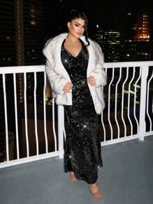 SHEIN SXY 女士银色亮片深 V 露背超长派对礼服，适合派对、新年、生日 - 黑色 - 查看 3