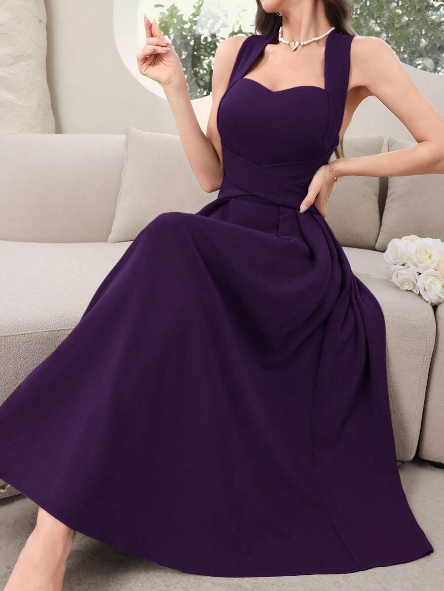 Modelyn 女士纯色露背紫色连衣裙，优雅无袖长款晚礼服 - 紫色 - 查看 1