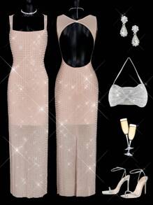 SHEIN ICON Abito lungo da donna nello stile Y2K, sexy e minimalista, in rete con strass, elegante e decorato con paillettes, abito scintillante e luccicante adatto a feste, festa, uscite serali, Capodanno, adatto per appuntamenti casual, uscite serali e abbigliamento per Capodanno. - Cachi - Visualizzare 1