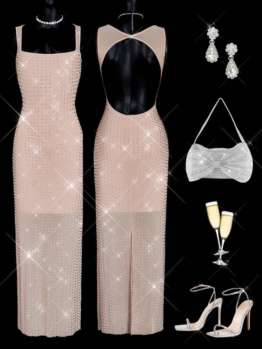 SHEIN ICON Abito lungo da donna nello stile Y2K, sexy e minimalista, in rete con strass, elegante e decorato con paillettes, abito scintillante e luccicante adatto a feste, festa, uscite serali, Capodanno, adatto per appuntamenti casual, uscite serali e abbigliamento per Capodanno. - Cachi - Visualizzare 1