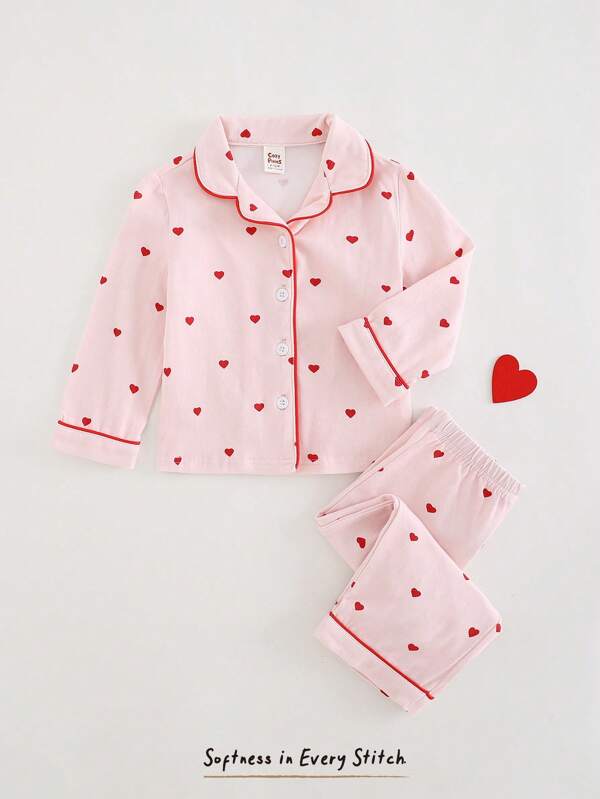 Cozy Pixies 2pcs Baby Girl Heart Print Contrast Color Collar Cardigan Top & Casual Pants Homewear Set
