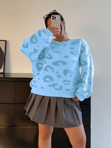 Flirla Suéter de punto de talla grande con cuello redondo y ajuste holgado con estampado de leopardo, otoño/invierno